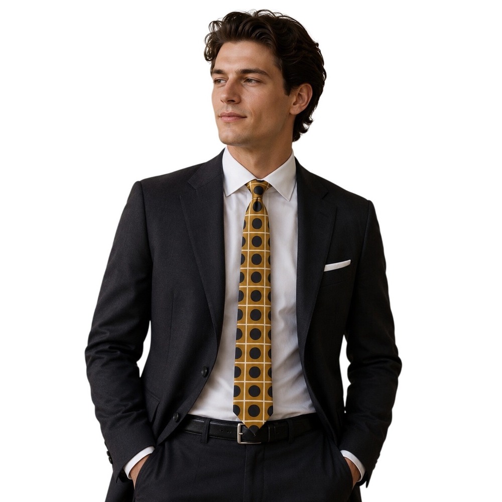 County Seat Vintage Mens Silk Tie Mustard Gold Black Polka Dot Grid Geometric